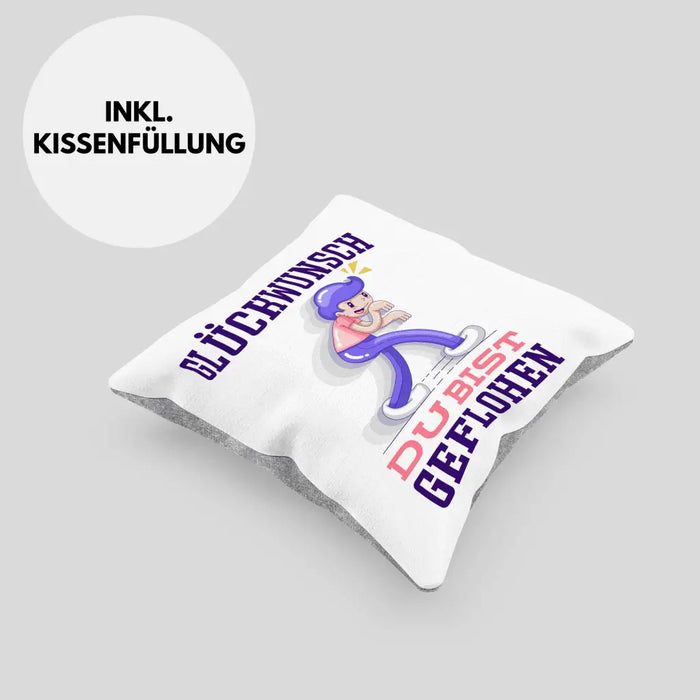 Trendation - Glückwunsch Du Bist Geflohen Kissen Jobwechsel Abschied Abschiedsgeschenk Lustiger Spruch Dekokissen mit Füllung 40x40 Rosa Trendation