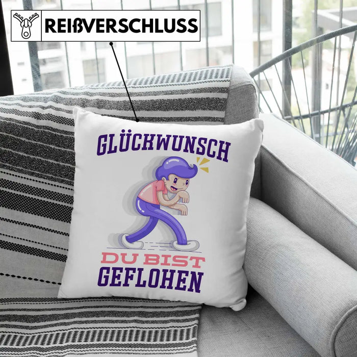 Trendation - Glückwunsch Du Bist Geflohen Kissen Jobwechsel Abschied Abschiedsgeschenk Lustiger Spruch Dekokissen mit Füllung 40x40 Rosa Trendation