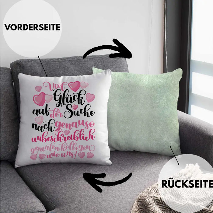 Trendation - Jobwechsel Kissen Geschenk Kollegin Abschiedsgeschenk Neuer Job Viel Glück Bei Der Suche Spruch Dekokissen mit Füllung 40x40 Rosa Trendation