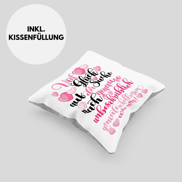 Trendation - Jobwechsel Kissen Geschenk Kollegin Abschiedsgeschenk Neuer Job Viel Glück Bei Der Suche Spruch Dekokissen mit Füllung 40x40 Rosa Trendation