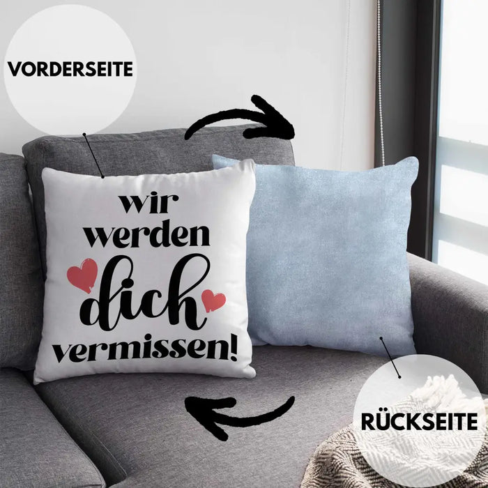 Trendation - Jobwechsel Kissen Geschenk Kollegin Abschiedsgeschenk Neuer Job Wir Werden Dich Vermissen Spruch Dekokissen mit Füllung 40x40 Rosa Trendation