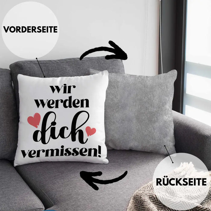 Trendation - Jobwechsel Kissen Geschenk Kollegin Abschiedsgeschenk Neuer Job Wir Werden Dich Vermissen Spruch Dekokissen mit Füllung 40x40 Rosa Trendation