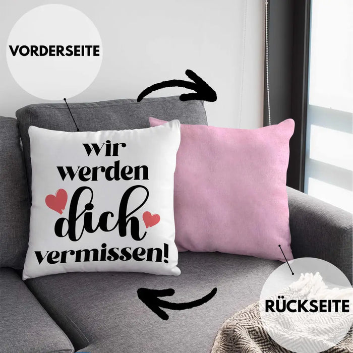 Trendation - Jobwechsel Kissen Geschenk Kollegin Abschiedsgeschenk Neuer Job Wir Werden Dich Vermissen Spruch Dekokissen mit Füllung 40x40 Rosa Trendation