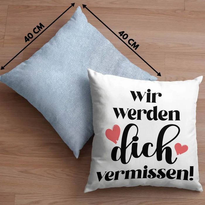 Trendation - Jobwechsel Kissen Geschenk Kollegin Abschiedsgeschenk Neuer Job Wir Werden Dich Vermissen Spruch Dekokissen mit Füllung 40x40 Rosa Trendation