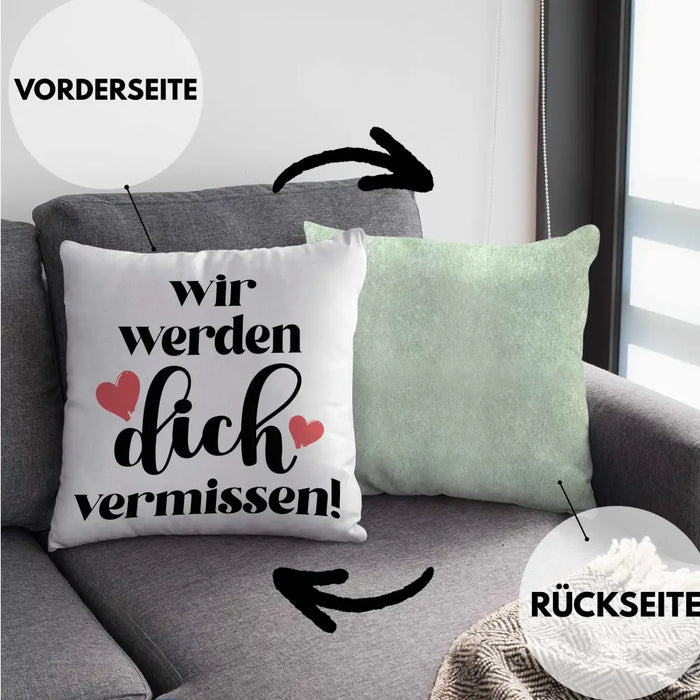 Trendation - Jobwechsel Kissen Geschenk Kollegin Abschiedsgeschenk Neuer Job Wir Werden Dich Vermissen Spruch Dekokissen mit Füllung 40x40 Rosa Trendation