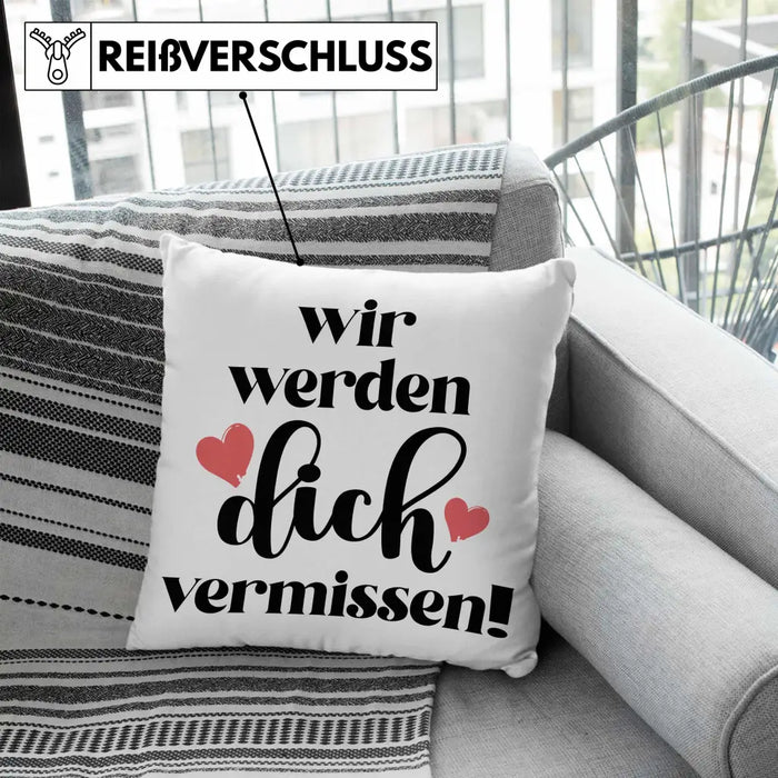 Trendation - Jobwechsel Kissen Geschenk Kollegin Abschiedsgeschenk Neuer Job Wir Werden Dich Vermissen Spruch Dekokissen mit Füllung 40x40 Rosa Trendation