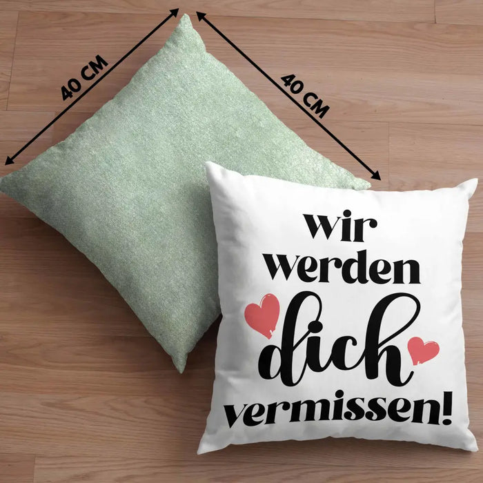 Trendation - Jobwechsel Kissen Geschenk Kollegin Abschiedsgeschenk Neuer Job Wir Werden Dich Vermissen Spruch Dekokissen mit Füllung 40x40 Rosa Trendation