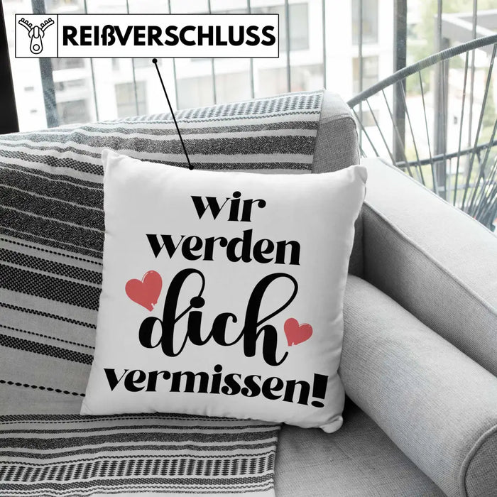 Trendation - Jobwechsel Kissen Geschenk Kollegin Abschiedsgeschenk Neuer Job Wir Werden Dich Vermissen Spruch Dekokissen mit Füllung 40x40 Rosa Trendation