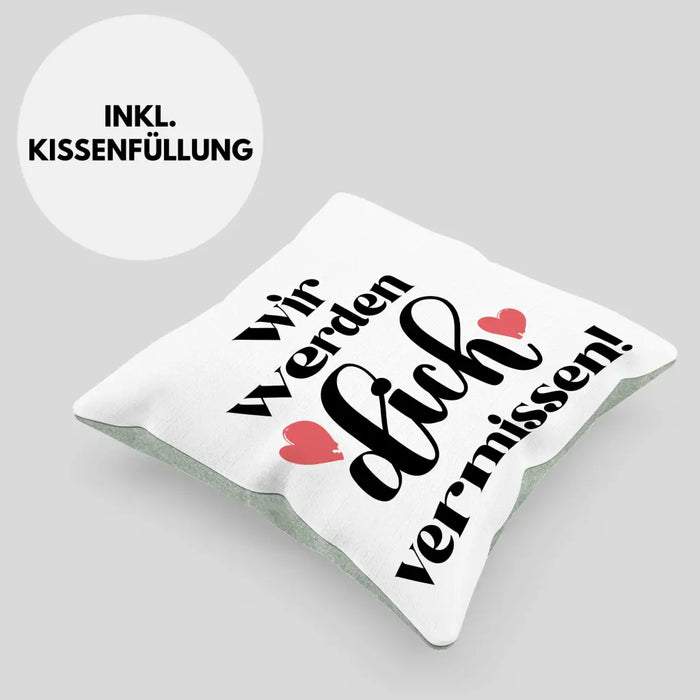 Trendation - Jobwechsel Kissen Geschenk Kollegin Abschiedsgeschenk Neuer Job Wir Werden Dich Vermissen Spruch Dekokissen mit Füllung 40x40 Rosa Trendation