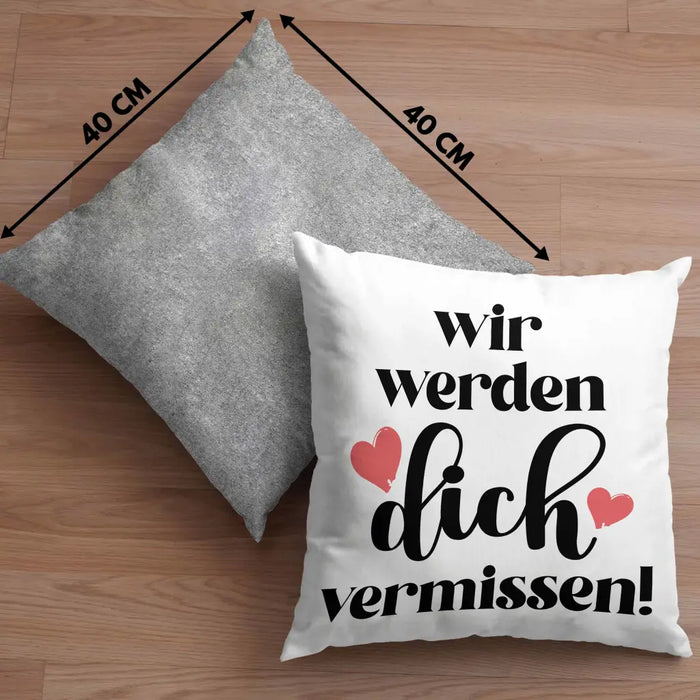 Trendation - Jobwechsel Kissen Geschenk Kollegin Abschiedsgeschenk Neuer Job Wir Werden Dich Vermissen Spruch Dekokissen mit Füllung 40x40 Rosa Trendation