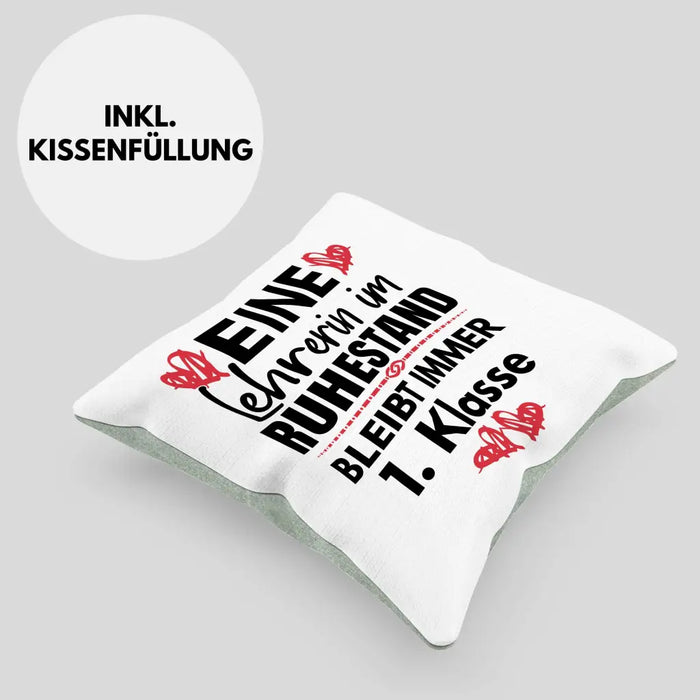 Trendation - Lehrerin Rente Geschenk Kissen Ruhestand Geschenkidee Abschied Abschiedsgeschenk Beste Lehrerin 1. Klasse Pensionierung Dekokissen mit Füllung 40x40 Rosa Trendation