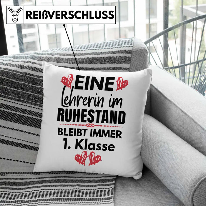 Trendation - Lehrerin Rente Geschenk Kissen Ruhestand Geschenkidee Abschied Abschiedsgeschenk Beste Lehrerin 1. Klasse Pensionierung Dekokissen mit Füllung 40x40 Rosa Trendation