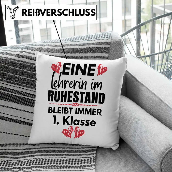 Trendation - Lehrerin Rente Geschenk Kissen Ruhestand Geschenkidee Abschied Abschiedsgeschenk Beste Lehrerin 1. Klasse Pensionierung Dekokissen mit Füllung 40x40 Rosa Trendation