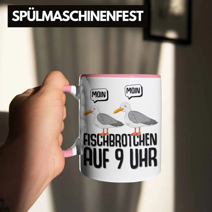 Trendation - Moin Tasse Norddeutsch Fischbrötchen Auf 9 Uhr Möwen Plattdeutsch Geschenk Norden Rosa Trendation