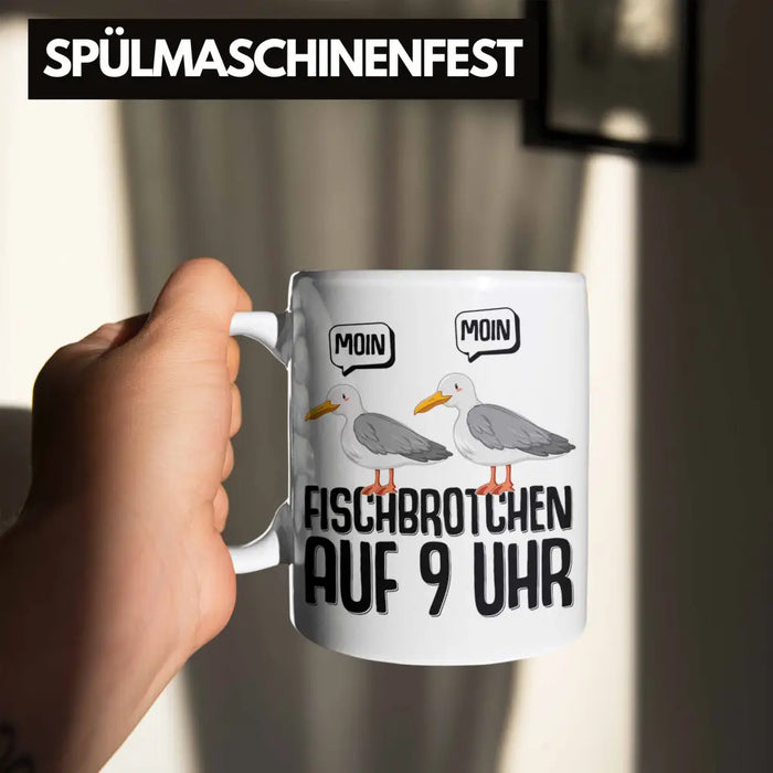 Trendation - Moin Tasse Norddeutsch Fischbrötchen Auf 9 Uhr Möwen Plattdeutsch Geschenk Norden Weiß Trendation