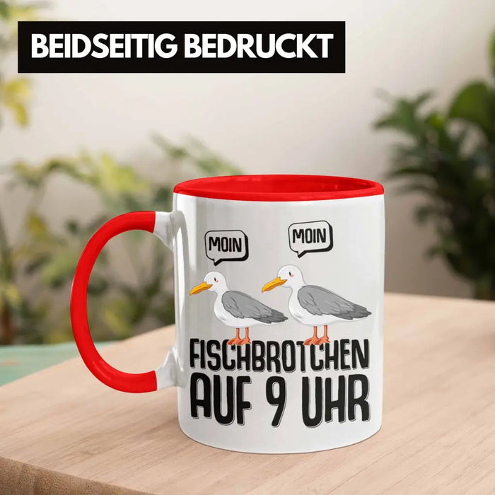 Trendation - Moin Tasse Norddeutsch Fischbrötchen Auf 9 Uhr Möwen Plattdeutsch Geschenk Norden Rot Trendation