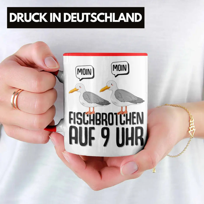 Trendation - Moin Tasse Norddeutsch Fischbrötchen Auf 9 Uhr Möwen Plattdeutsch Geschenk Norden Rot Trendation
