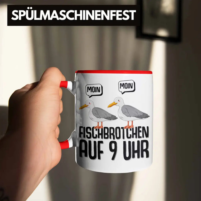 Trendation - Moin Tasse Norddeutsch Fischbrötchen Auf 9 Uhr Möwen Plattdeutsch Geschenk Norden Rot Trendation