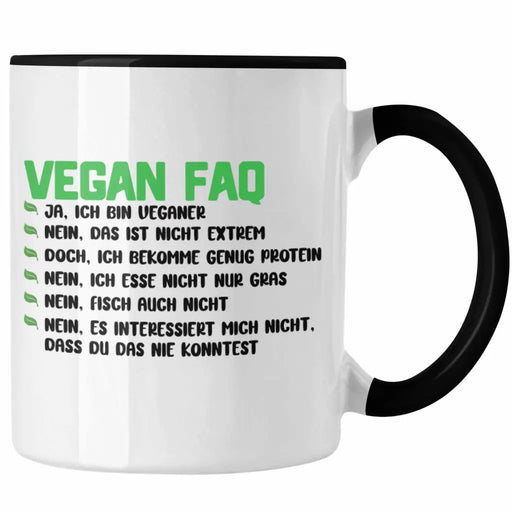 Trendation - Veganer Tasse Geschenk FAQ Vegan Geschenkidee Lustiger Spruch Vegane Lebensweise Trendation