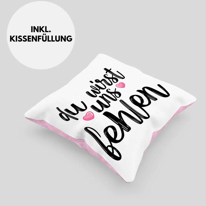 Trendation - Du Wirst Uns Fehlen Kissen Geschenk zum Abschied Kollegin Kollege Abschiedsgeschenk Jobwechsel Neuer Job Dekokissen mit Füllung 40x40 Rosa Trendation