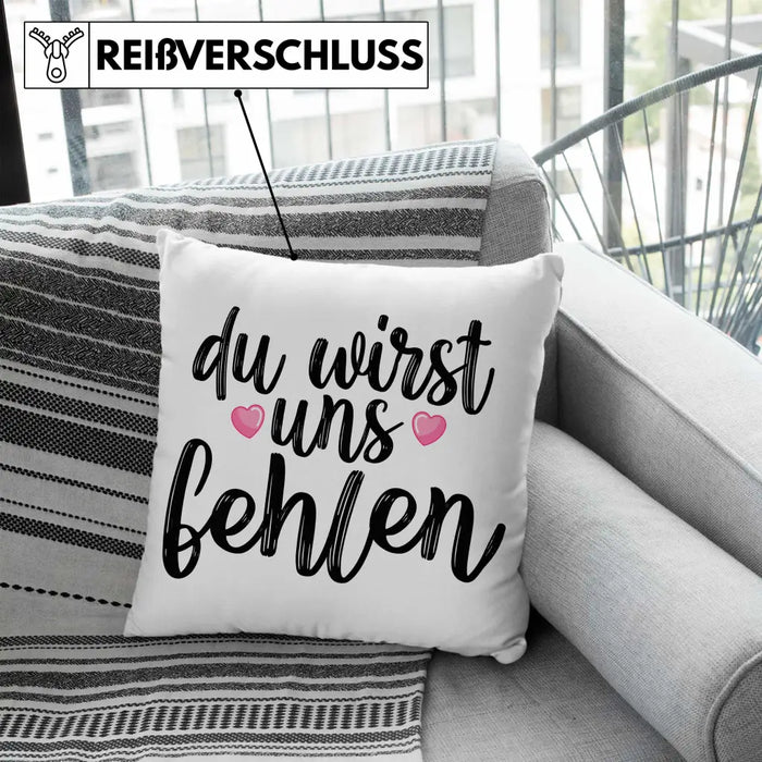 Trendation - Du Wirst Uns Fehlen Kissen Geschenk zum Abschied Kollegin Kollege Abschiedsgeschenk Jobwechsel Neuer Job Dekokissen mit Füllung 40x40 Rosa Trendation