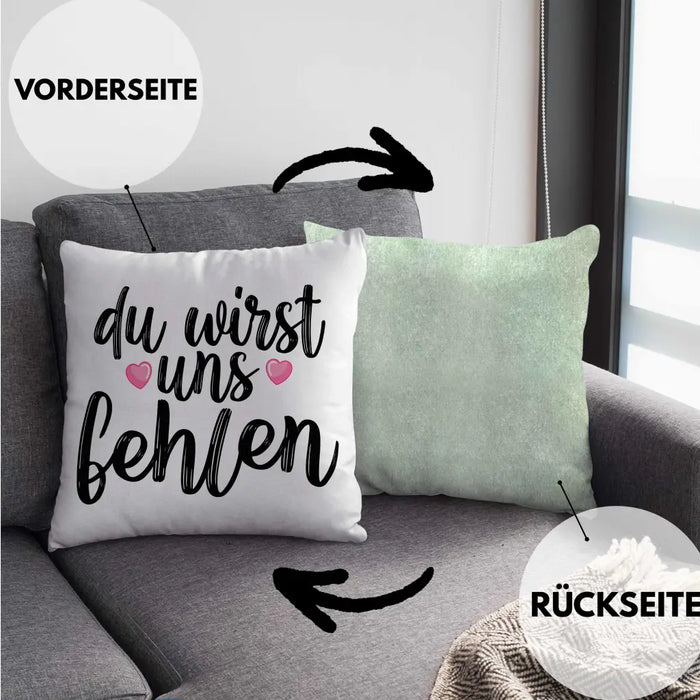 Trendation - Du Wirst Uns Fehlen Kissen Geschenk zum Abschied Kollegin Kollege Abschiedsgeschenk Jobwechsel Neuer Job Dekokissen mit Füllung 40x40 Rosa Trendation