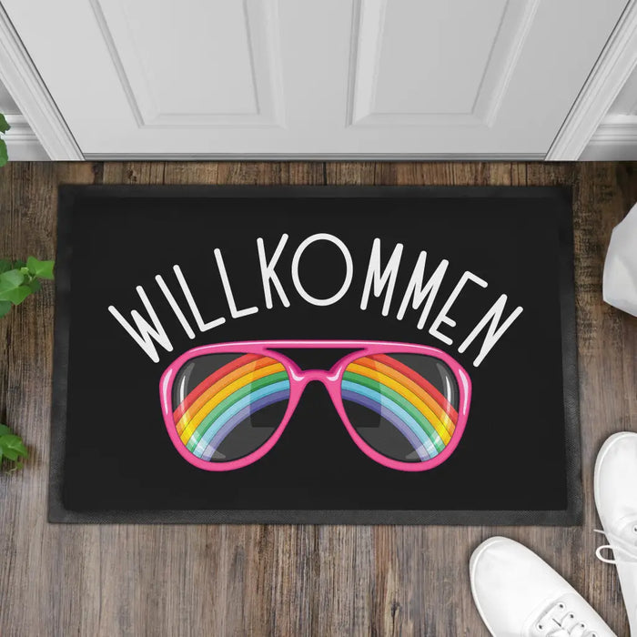 Willkommen Fußmatte Grafik Schmutzfangmatte Geschenk Außen Innenbereich 60x40 cm Waschbar Türmatte Sonnenbrille Schwarz-3 Trendation