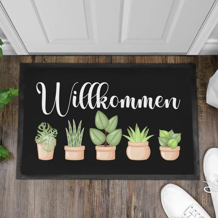 Willkommen Fußmatte Grafik Schmutzfangmatte Geschenk Außen Innenbereich 60x40 cm Waschbar Türmatte Pflanzen Schwarz-3 Trendation