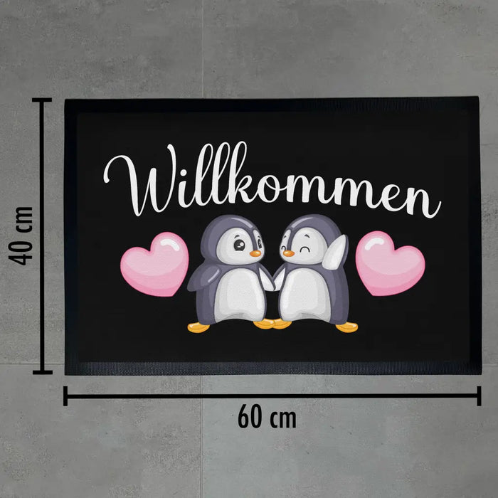 Willkommen Fußmatte Grafik Schmutzfangmatte Geschenk Außen Innenbereich 60x40 cm Waschbar Türmatte Pinguine Schwarz-3 Trendation