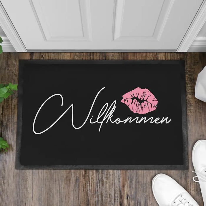 Willkommen Fußmatte Grafik Schmutzfangmatte Geschenk Außen Innenbereich 60x40 cm Waschbar Türmatte Frauen Grafik Schwarz-3 Trendation