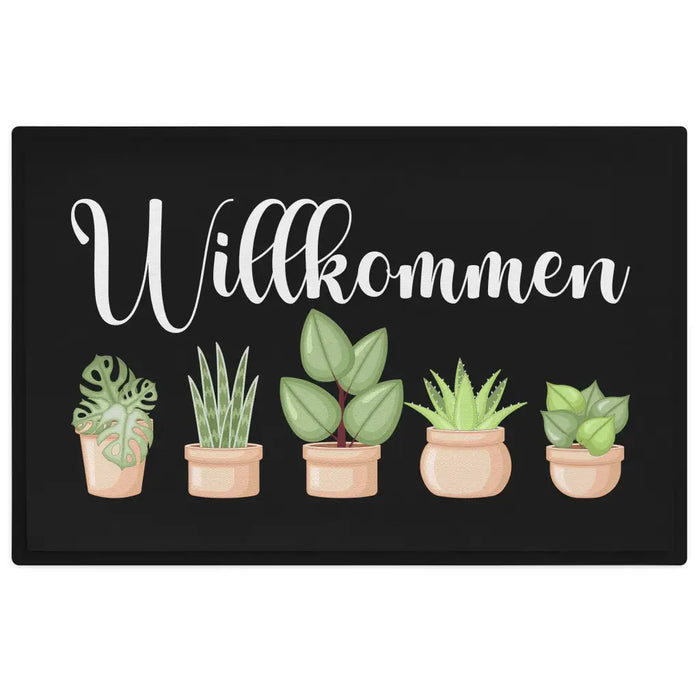 Willkommen Fußmatte Grafik Schmutzfangmatte Geschenk Außen Innenbereich 60x40 cm Waschbar Türmatte Pflanzen Schwarz-3 Trendation