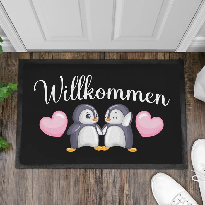 Willkommen Fußmatte Grafik Schmutzfangmatte Geschenk Außen Innenbereich 60x40 cm Waschbar Türmatte Pinguine Schwarz-3 Trendation