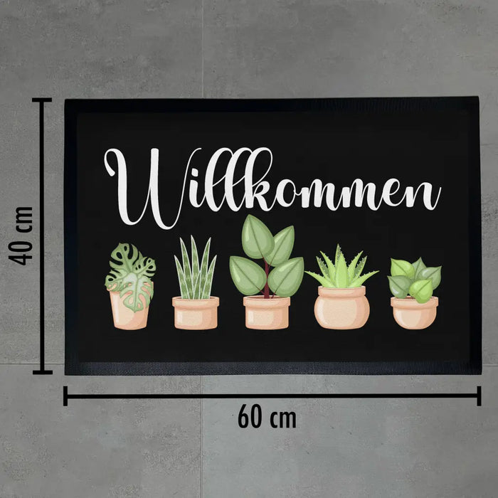 Willkommen Fußmatte Grafik Schmutzfangmatte Geschenk Außen Innenbereich 60x40 cm Waschbar Türmatte Pflanzen Schwarz-3 Trendation