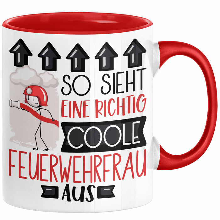 Feuerwehrfrau Geschenk Tasse Geschenkidee für Feuerwehrfrau Geburtstag Weihnachten Spruch So Sieht Eine Richtig Coole Feuerwehrfrau Aus Kaffee-Becher Rot Trendation