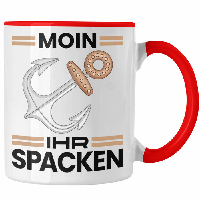 Möwe Anker Tasse Moin Ihr Spacken Norddeutschland Plattdeutsch Geschenkidee für Kapitän Rot Trendation