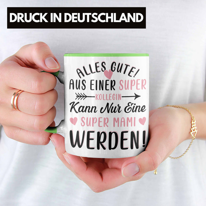 Mutterschutz Abschied Tasse Geschenk Kollegin Abschiedsgeschenk Werdende Mutter Mama Super Mami Grün Trendation