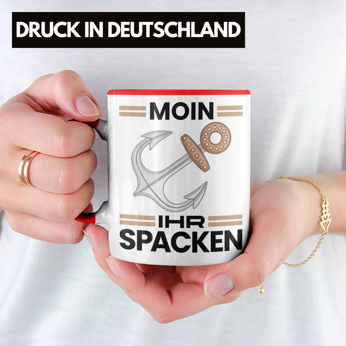 Möwe Anker Tasse Moin Ihr Spacken Norddeutschland Plattdeutsch Geschenkidee für Kapitän Rot Trendation