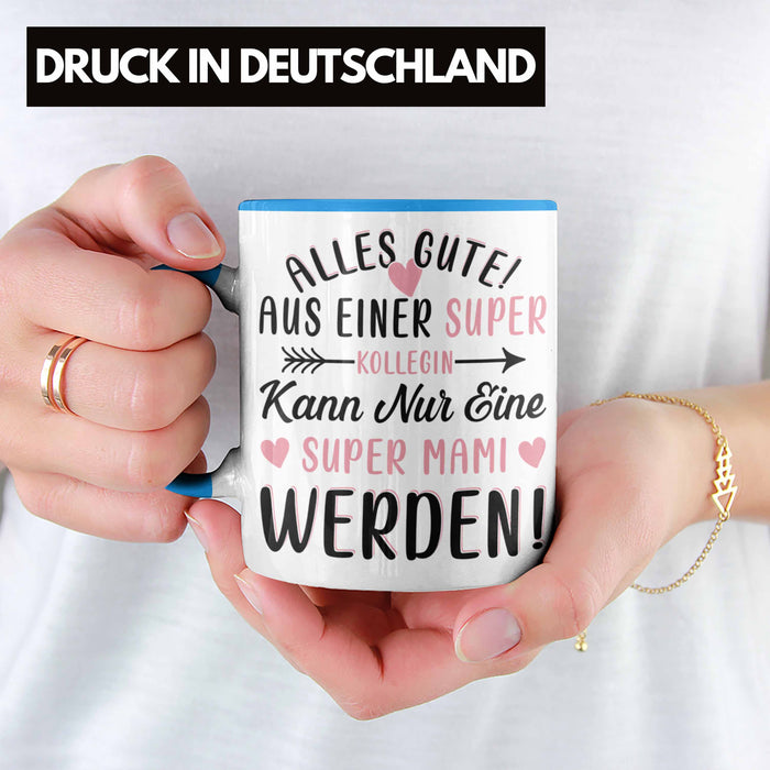 Mutterschutz Abschied Tasse Geschenk Kollegin Abschiedsgeschenk Werdende Mutter Mama Super Mami Blau Trendation