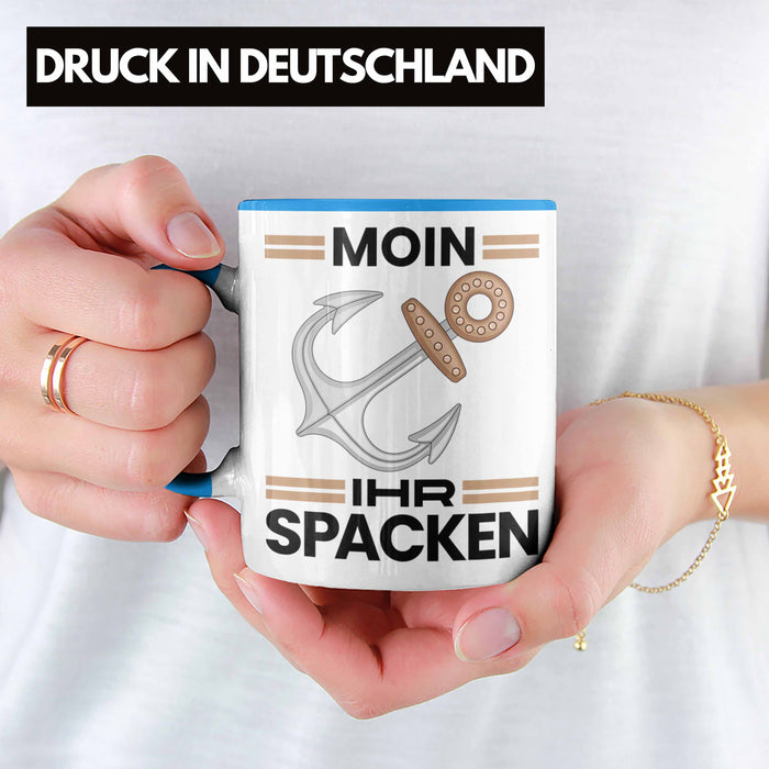 Möwe Anker Tasse Moin Ihr Spacken Norddeutschland Plattdeutsch Geschenkidee für Kapitän Blau Trendation