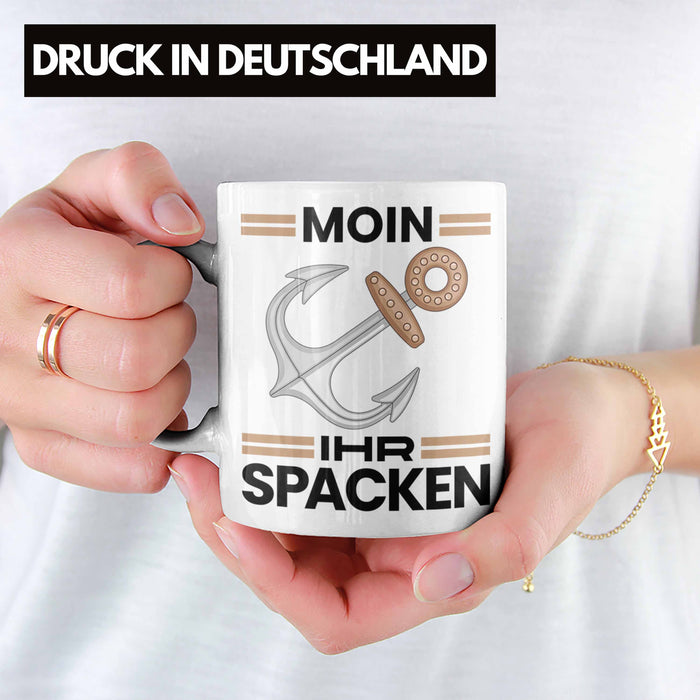 Möwe Anker Tasse Moin Ihr Spacken Norddeutschland Plattdeutsch Geschenkidee für Kapitän Weiß Trendation