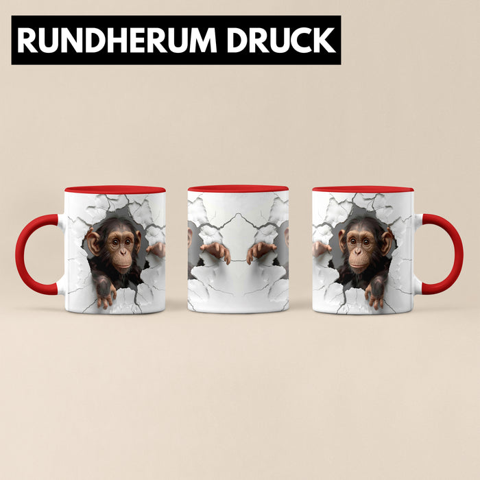 Affen Tasse 3D Chimpansen Kaffee-Becher Geschenkidee Affen-Liebhaber Rot Trendation