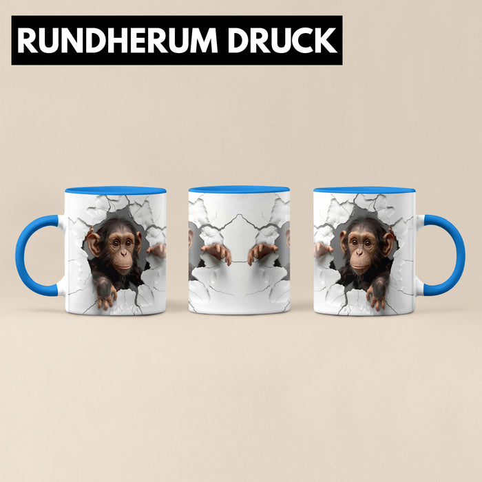 Affen Tasse 3D Chimpansen Kaffee-Becher Geschenkidee Affen-Liebhaber Blau Trendation