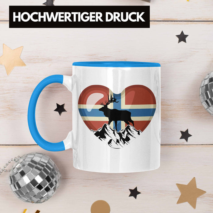 Norwegen Geschenke Tasse Flagge Nordkap Elch Norway Grafik Herz Blau Trendation