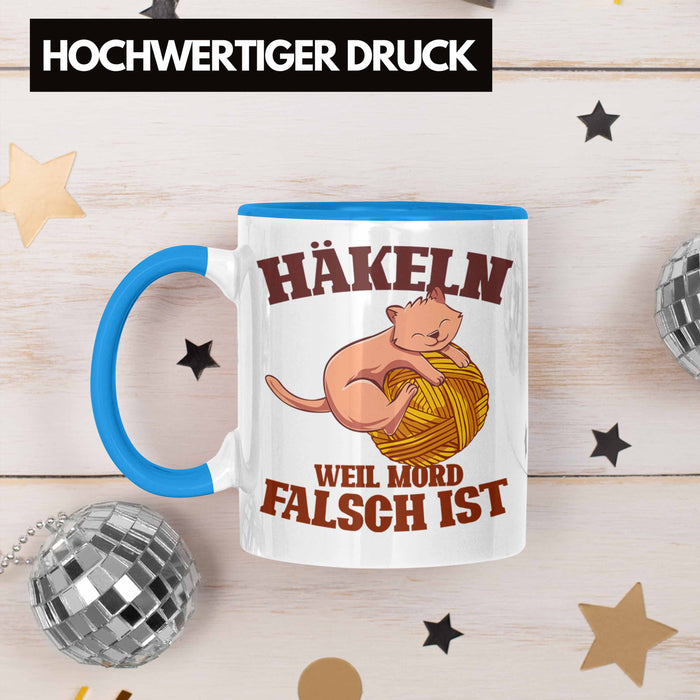 Lustige Strick Häkel-Tasse Geschenk Stricken Häkeln Blau Trendation