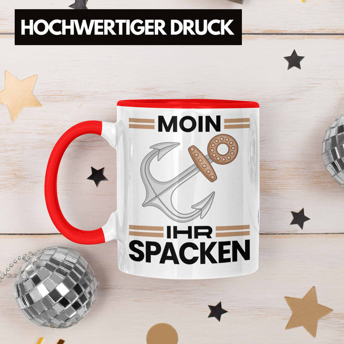 Möwe Anker Tasse Moin Ihr Spacken Norddeutschland Plattdeutsch Geschenkidee für Kapitän Rot Trendation