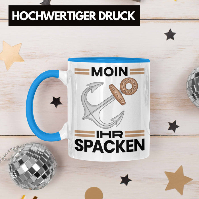 Möwe Anker Tasse Moin Ihr Spacken Norddeutschland Plattdeutsch Geschenkidee für Kapitän Blau Trendation