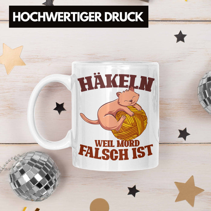 Lustige Strick Häkel-Tasse Geschenk Stricken Häkeln Weiß Trendation