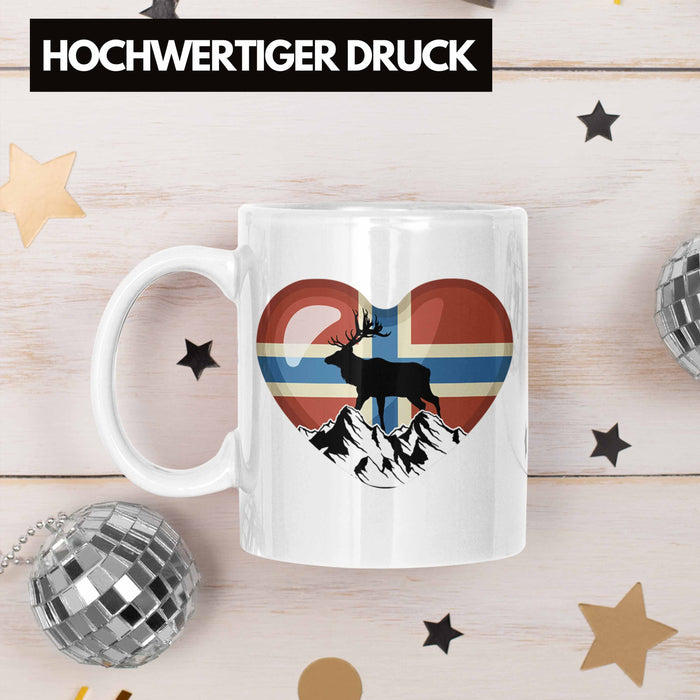 Norwegen Geschenke Tasse Flagge Nordkap Elch Norway Grafik Herz Weiß Trendation