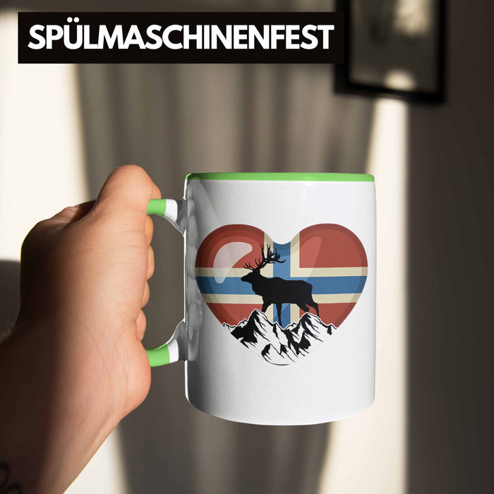 Norwegen Geschenke Tasse Flagge Nordkap Elch Norway Grafik Herz Grün Trendation