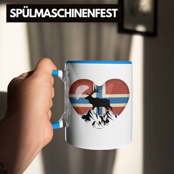 Norwegen Geschenke Tasse Flagge Nordkap Elch Norway Grafik Herz Blau Trendation
